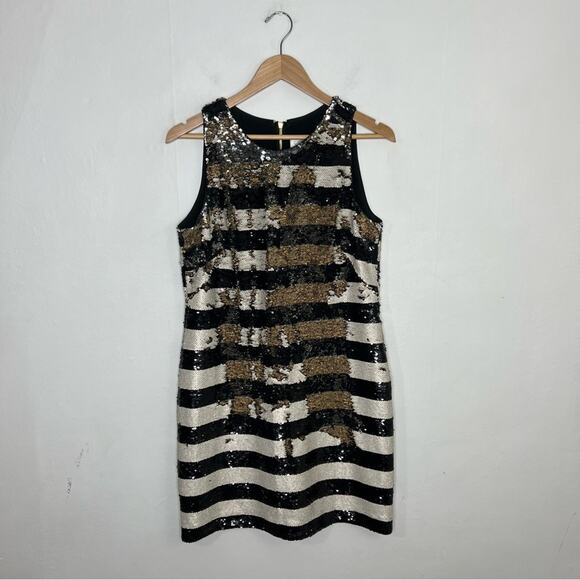 Eliza J Sequin Striped Shift Cocktail Gold Black Reversible Sequin Dress Size 8 - Picture 16 of 16